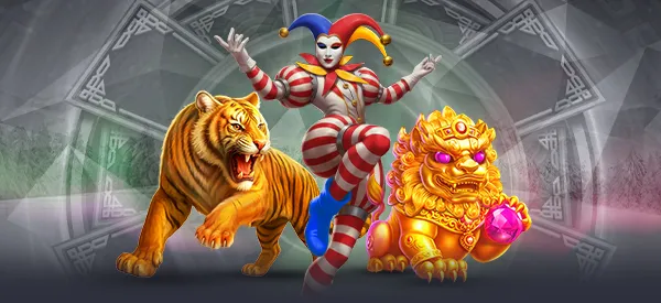 Palyaço karakteri, kaplan ve altın aslan heykeli