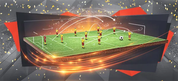 Işıklı saha üzerinde dizilmiş futbolcular ve ortada futbol topu